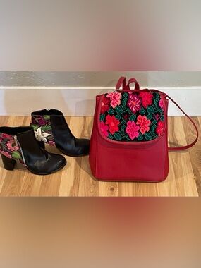 Floral embroidered Backpack and ankle boot bundle.